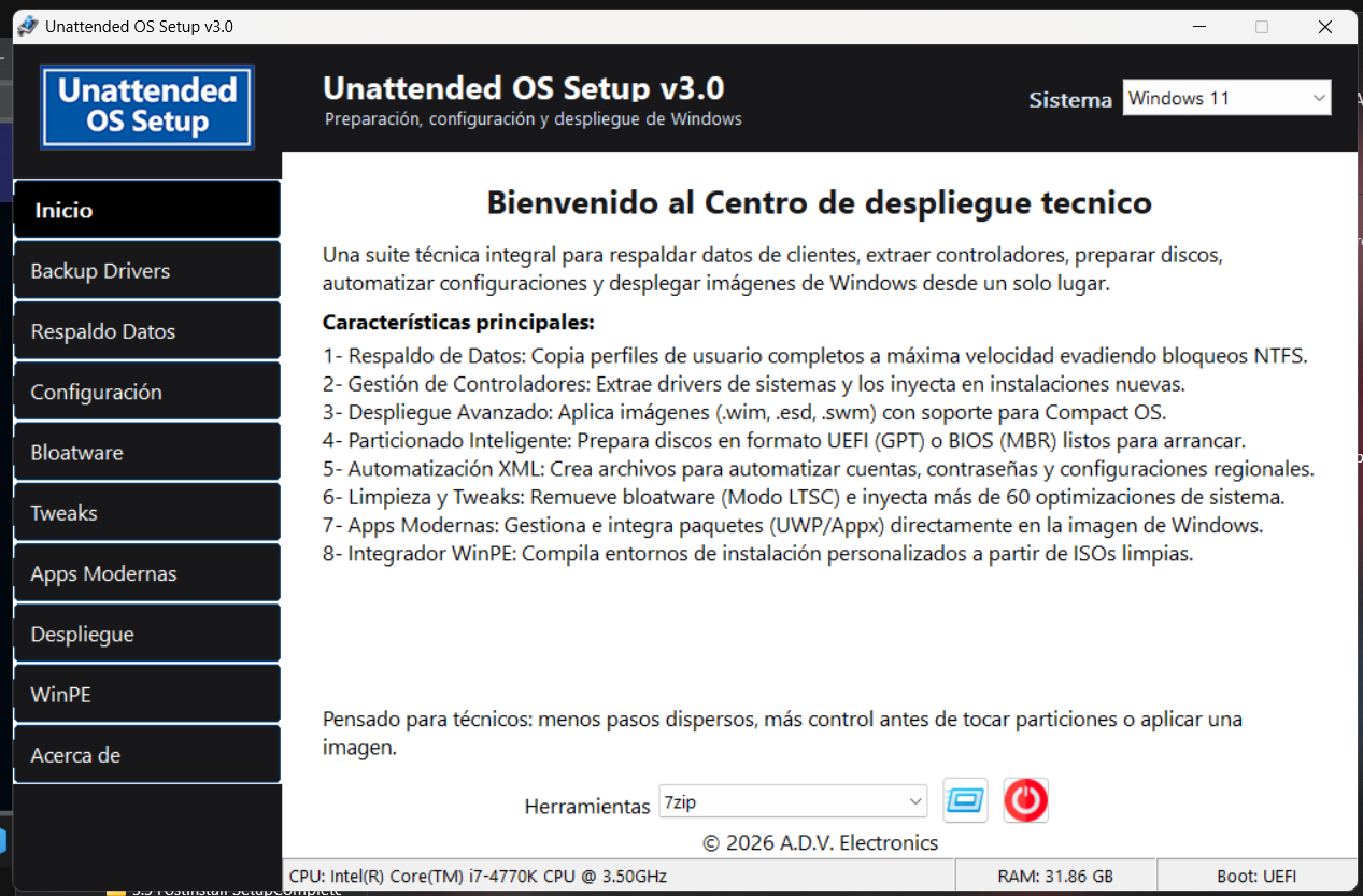Unattended OS Setup v3.0 — Pantalla de Inicio / Centro de despliegue técnico