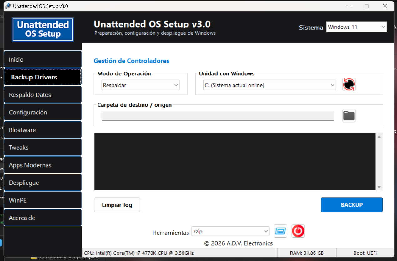 Unattended OS Setup v3.0 — Backup Drivers, gestión de controladores (DISM/PnPUtil)