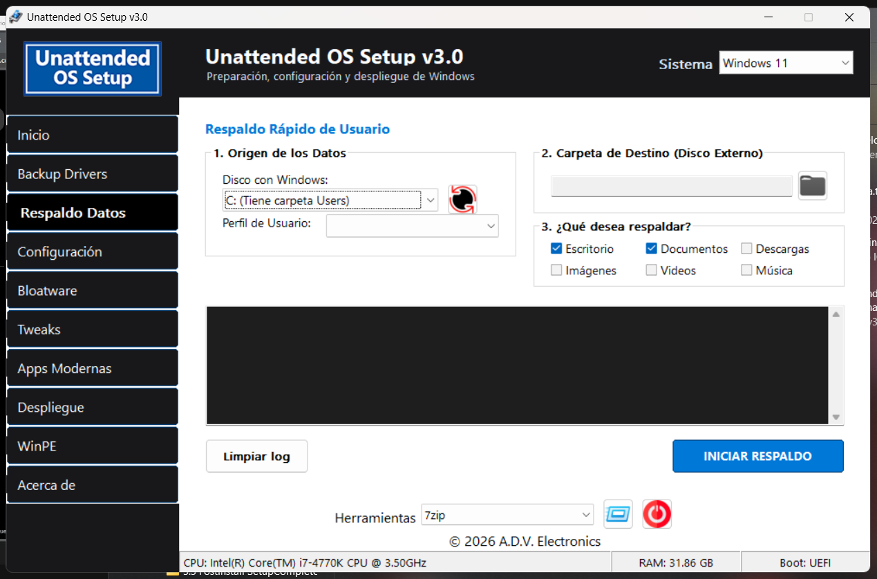 Unattended OS Setup v3.0 — Respaldo Rápido de Usuario (Robocopy avanzado)