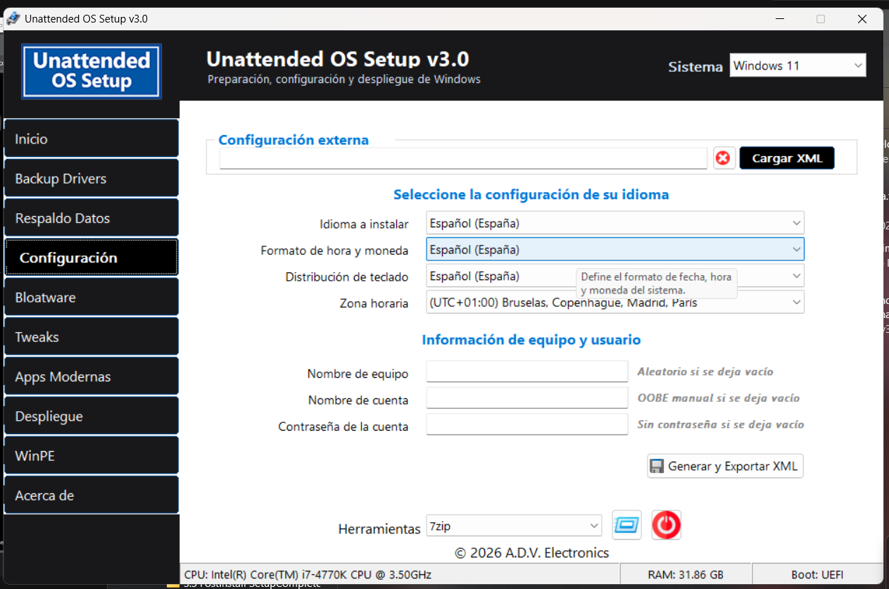Unattended OS Setup v3.0 — Configuración de idioma, región y usuario