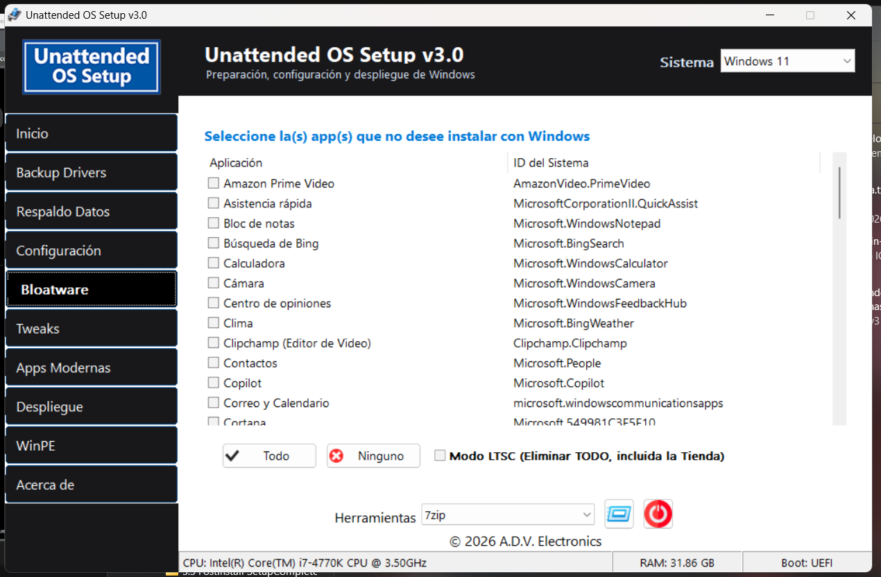 Unattended OS Setup v3.0 — Pestaña Bloatware, selección de apps a no instalar