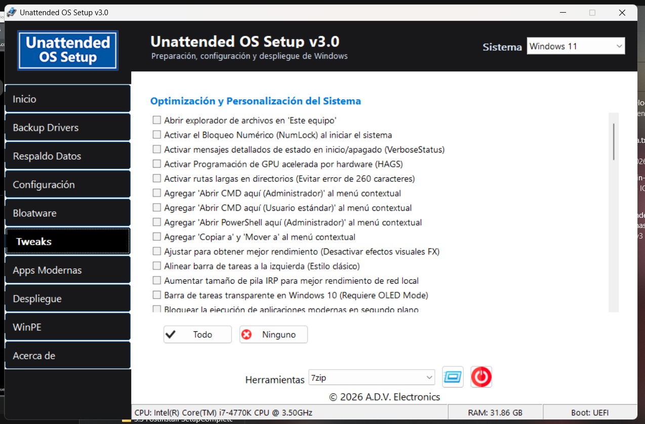 Unattended OS Setup v3.0 — Pestaña Tweaks, optimización y personalización