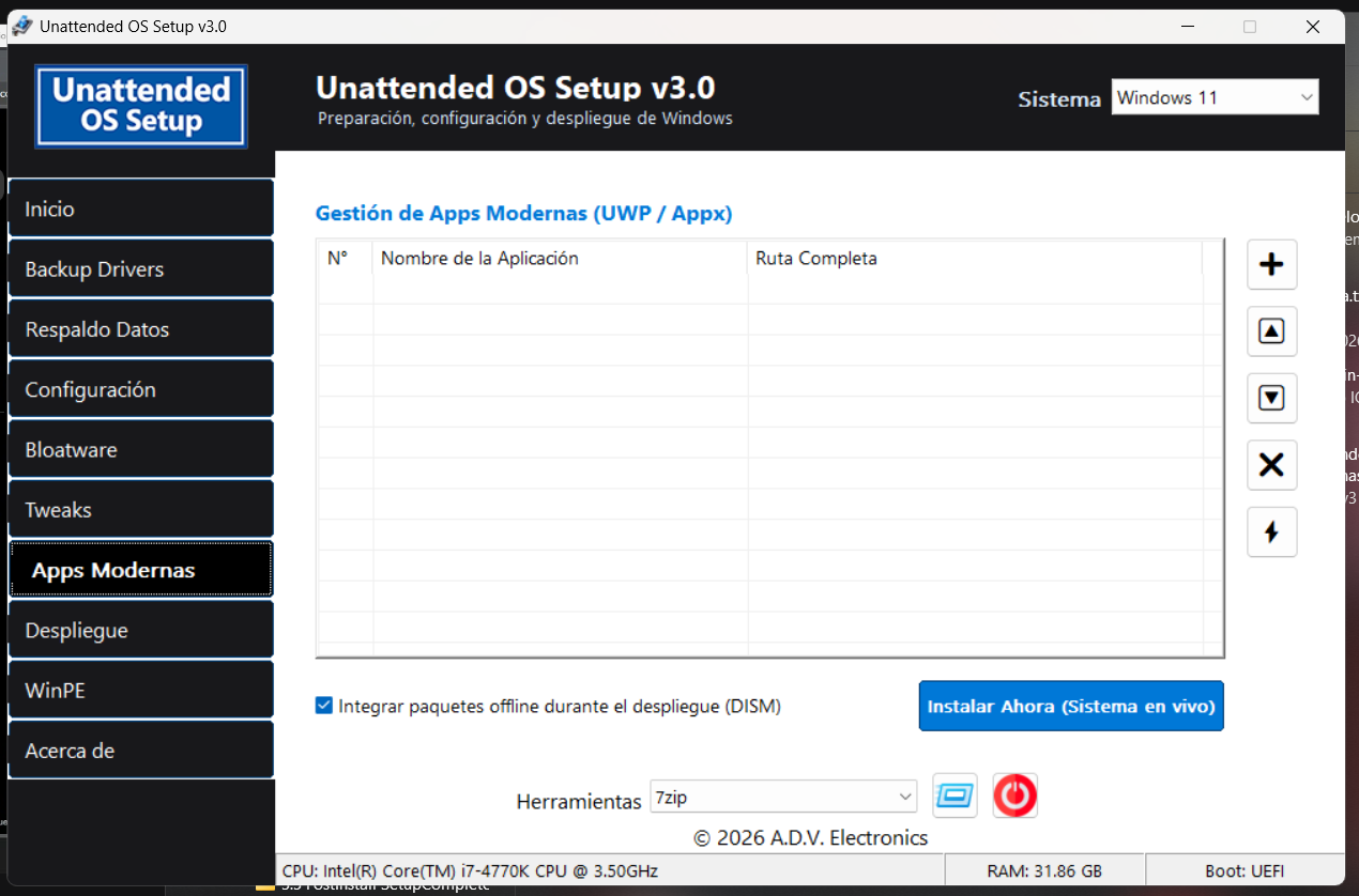 Unattended OS Setup v3.0 — Pestaña Apps Modernas, gestión de paquetes UWP/Appx