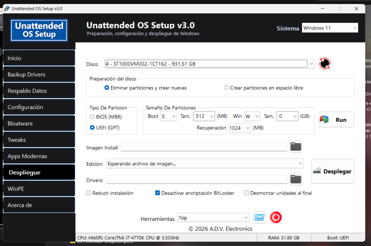 Unattended OS Setup v3.0 — Despliegue, preparación de disco y particiones